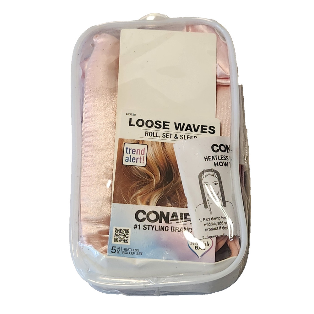 New Loose Waves Heat-Free Hair Rollers Conair Pink Satin Tube Roll Set & Sleep
